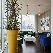 Load image into Gallery viewer, Modern living room with a large window view, extra tall skinny yellow indoor planter, and colourful furniture.
