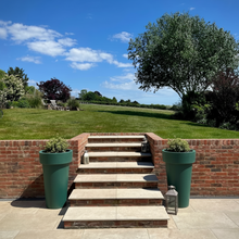 Load image into Gallery viewer, Two 1m tall planters book ending stairs, leading to a freshly cut lawn
